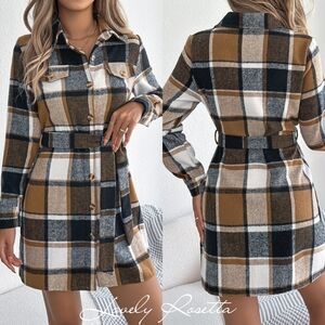 Plaid Khaki Belted Shirt Dress